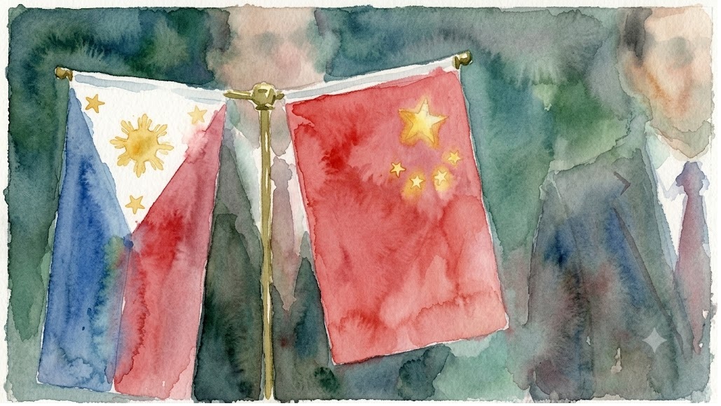 Watercolor illustration of the Philippine flag (left) and the Chinese flag (right) fluttering together on a flagpole against a greenish background.