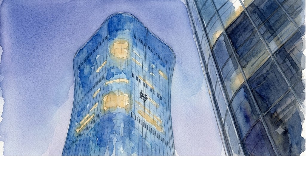 Watercolor illustration of blue glass skyscrapers with illuminated windows against a light sky, viewed from below.