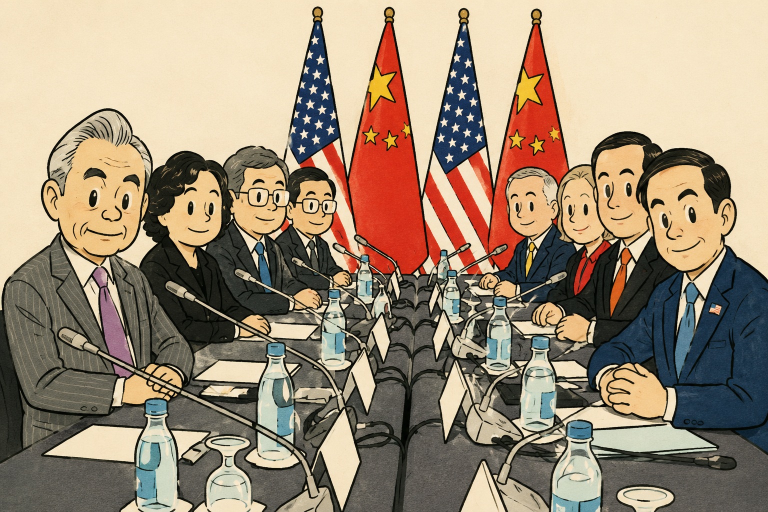 Cartoon illustration of a diplomatic meeting with American and Chinese flags in the background, delegates seated around a long conference table with microphones.