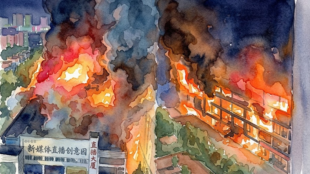 Watercolor painting of a building engulfed in flames with thick black smoke rising above it.