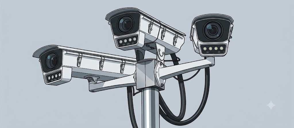 Three security cameras mounted on a metal pole surveying an area.