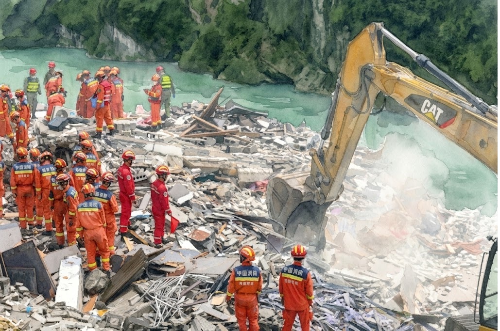 Rescue workers in orange uniforms and helmets stand among rubble as a CAT excavator clears debris at a collapsed site near a greenish river.1/2