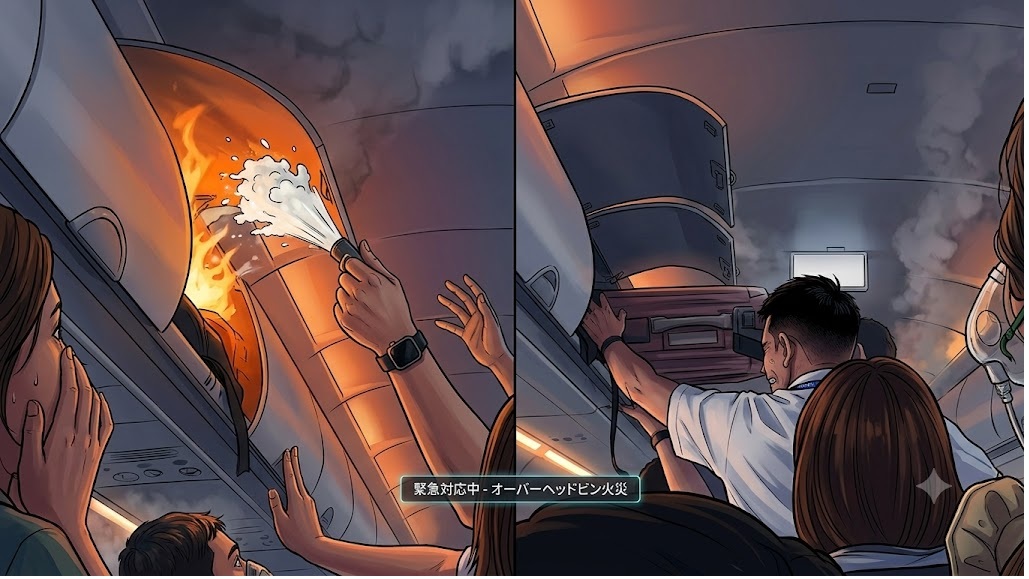 Passengers react in fear as a fire erupts from a jet engine during an in-flight emergency; a crew member sprays a extinguisher inside the engine bay.