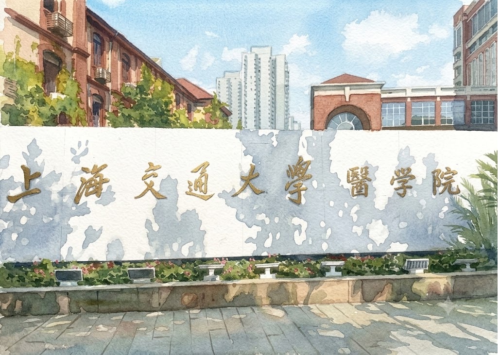 Watercolor-style view of the Shanghai Jiao Tong University School of Medicine entrance sign with gold Chinese characters on a white wall and campus buildings in the background.