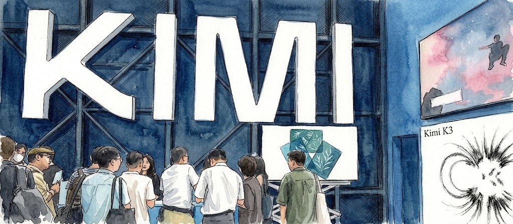 Crowded exhibition hall beneath a giant KIMI sign; attendees view displays and chat at a booth.