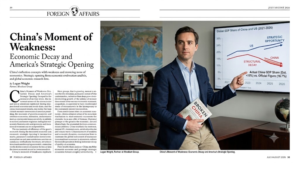 Man in a blue blazer stands beside a conference-screen GDP chart on a magazine spread titled 'China's Moment of Weakness' with a world map and bookshelf in the background.