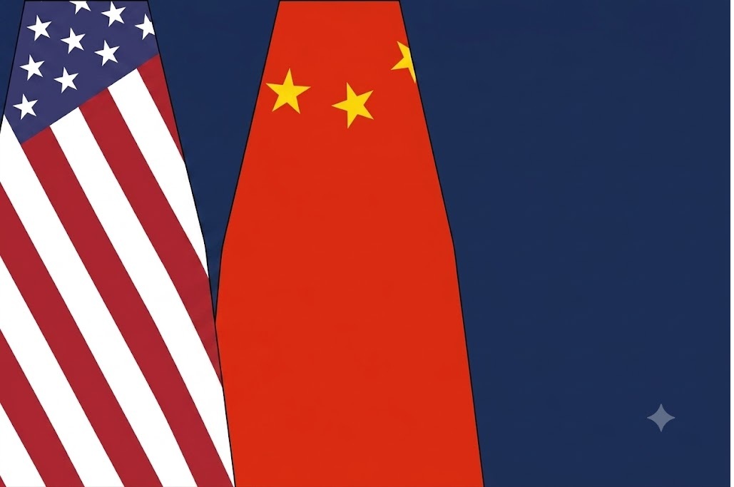 American flag beside a red Chinese flag with yellow stars against a dark blue backdrop, symbolizing US–China relations.