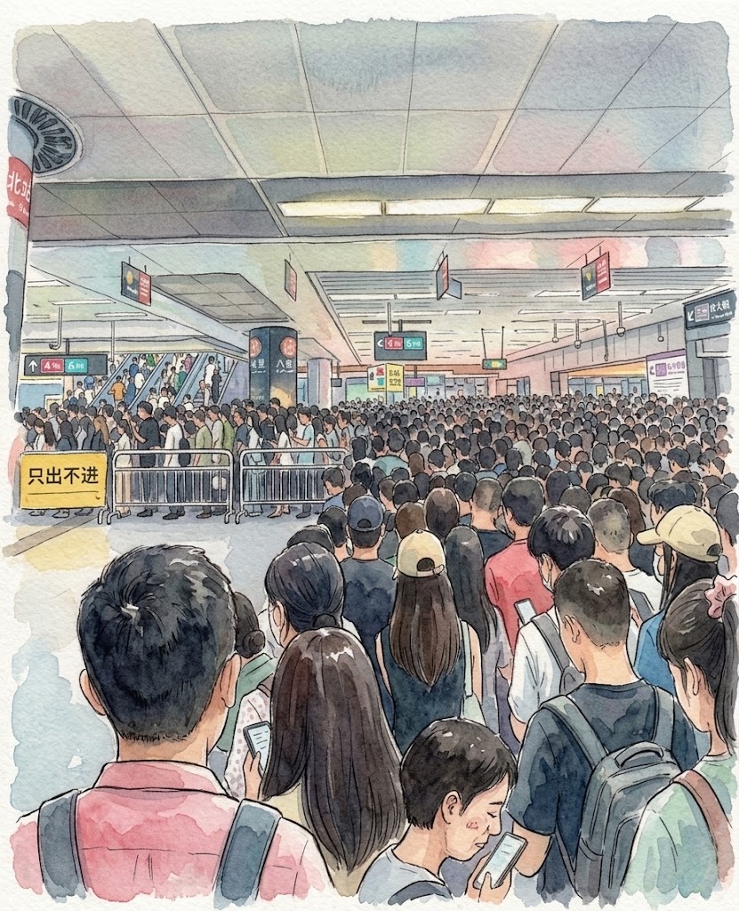 Crowded subway station concourse filled with commuters waiting near barriers, with escalators and overhead signs in the background.