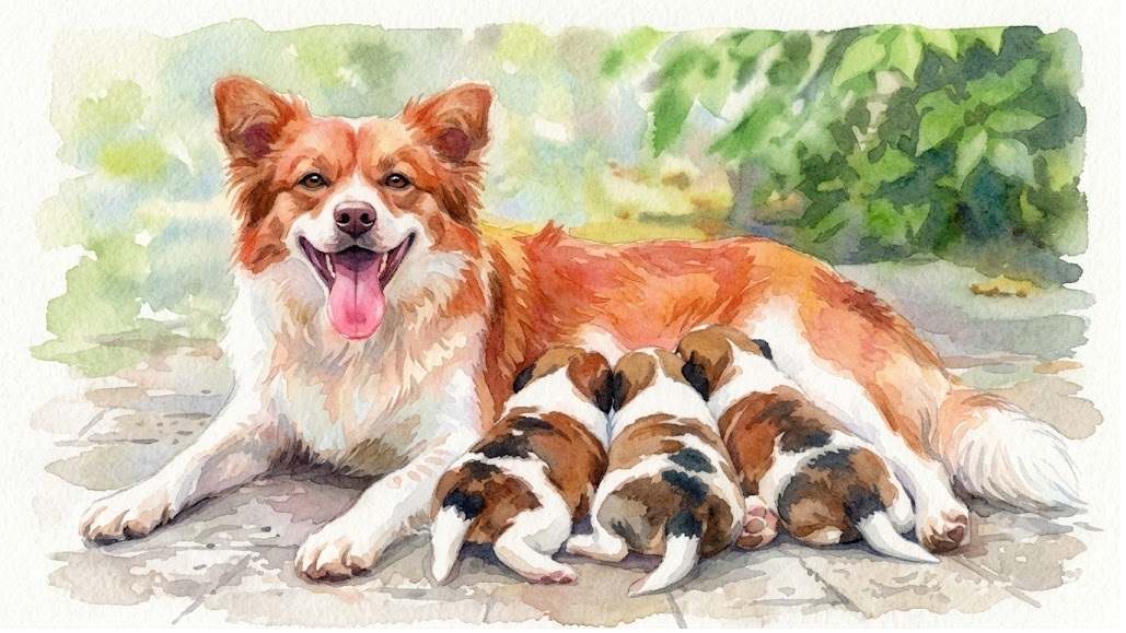 Happy brown-and-white mother dog lying on a sunlit path while several puppies nurse from her tummy side by side