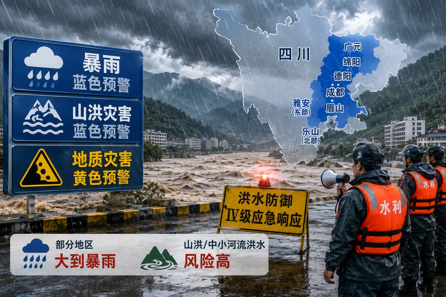 Flood emergency scene with rain, waves on a swollen river, and Chinese flood warnings; map of Sichuan with blue-highlighted counties in the background; workers in orange life vests monitor the area.
