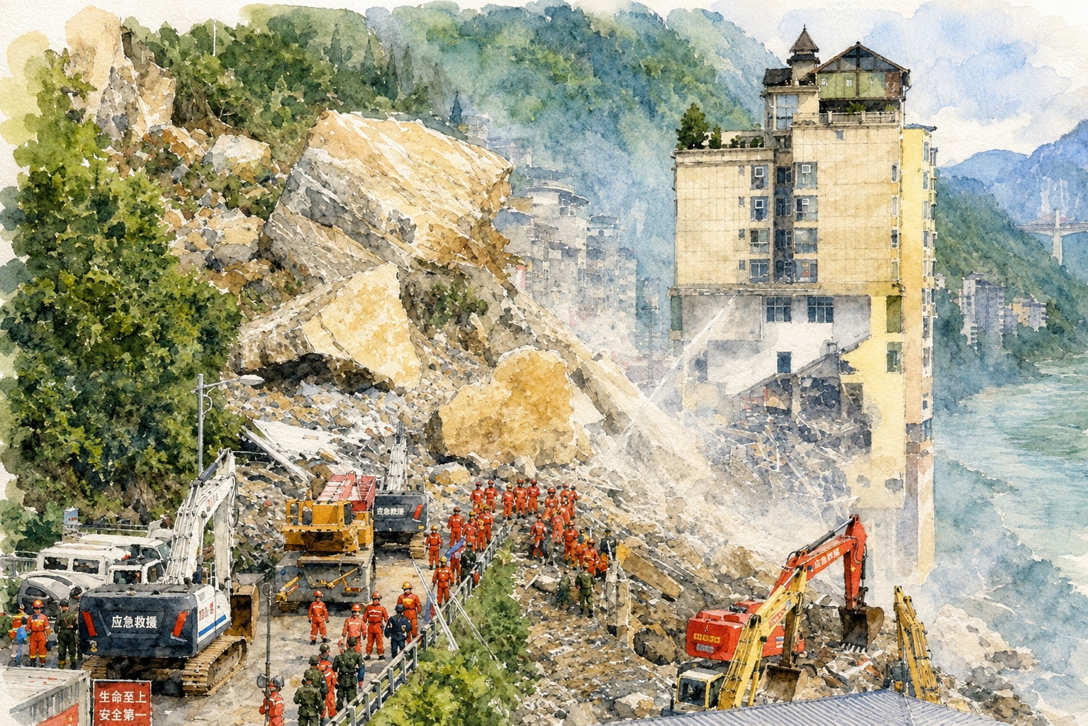 Emergency responders in orange uniforms search and clear rubble after a landslide beside a tall building by the water, with heavy machinery at the scene.