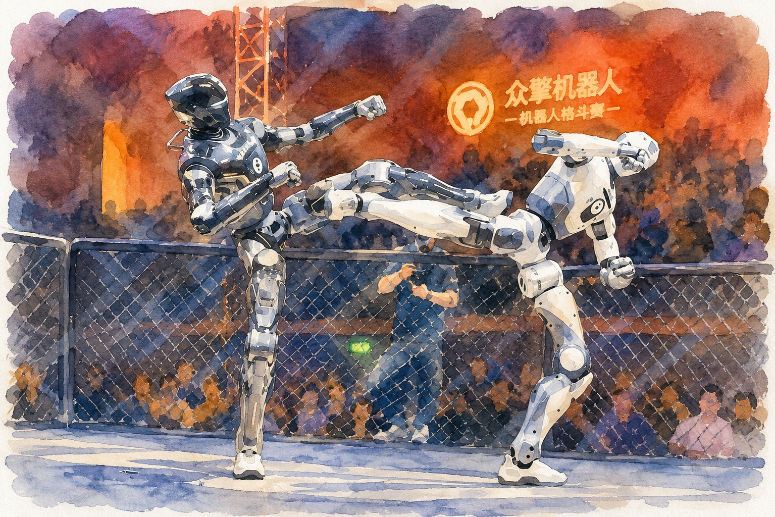 Two humanoid battle robots spar in a fenced arena as a crowd watches in the background