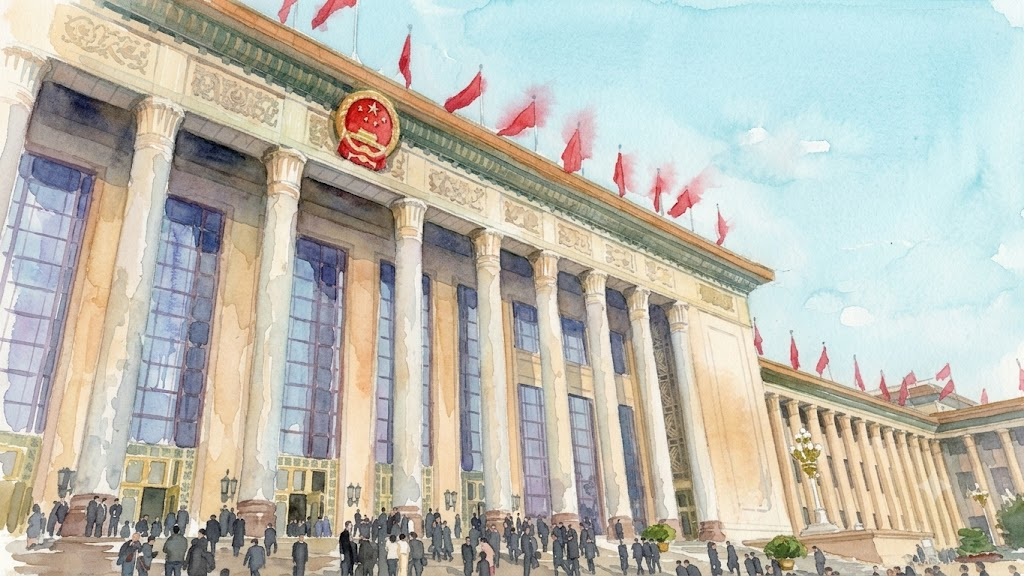 Watercolor illustration of a grand, columned government building with red flags along the roof and a red emblem above the entrance, with people outside.