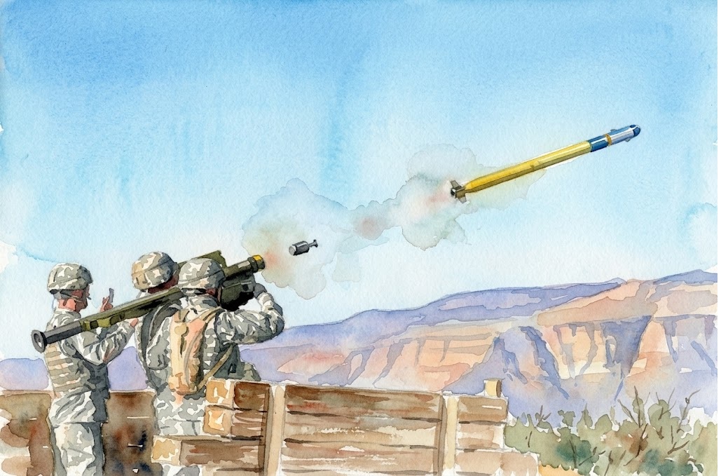 Soldiers in camouflage launch a rocket from a shoulder-fired launcher in a desert landscape, with a missile streaking into the sky and smoke.