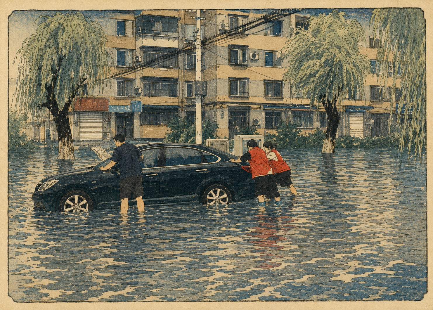 People push a dark sedan through deep floodwater on a city street, three in red jackets helping while a man in a dark shirt stands at the front. Water covers the tires and surrounding buildings loom in the background.