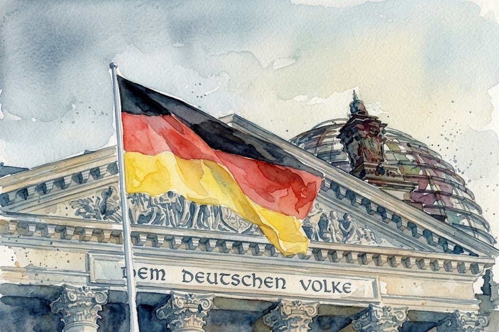 German flag waves in front of the Reichstag building, with Dem Deutschen Volke inscribed on the façade (watercolor style).