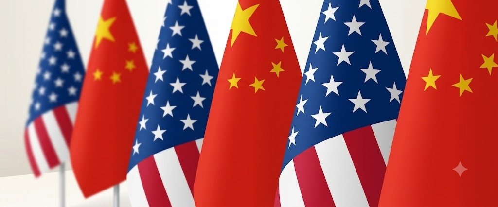 Row of flags including the United States and China, alternating along a line, representing US–China relations or diplomacy