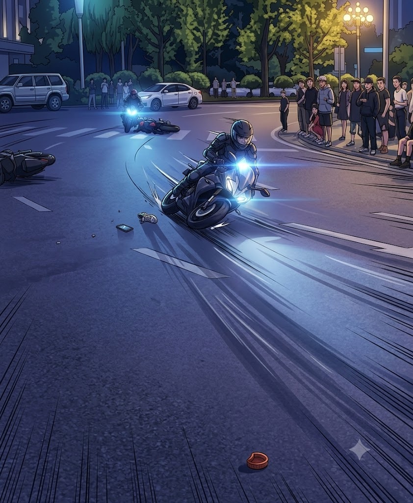 Nighttime street scene: a motorcyclist leans into a sharp turn, skidding with blue headlight glare while a crowd watches from the sidewalk.