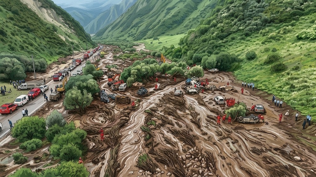 Massive landslide blocks a mountain road with cars and emergency responders in red suits coordinating cleanup.