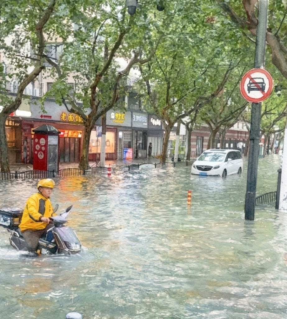 Man in yellow rain gear rides a scooter through a heavily flooded city street with trees and storefronts nearby.