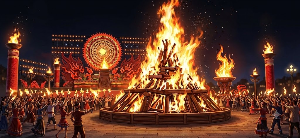 Night festival scene with a massive bonfire in a circular pit, torches around the plaza, and a crowd dancing as a sun-emblem stage glows in the background.