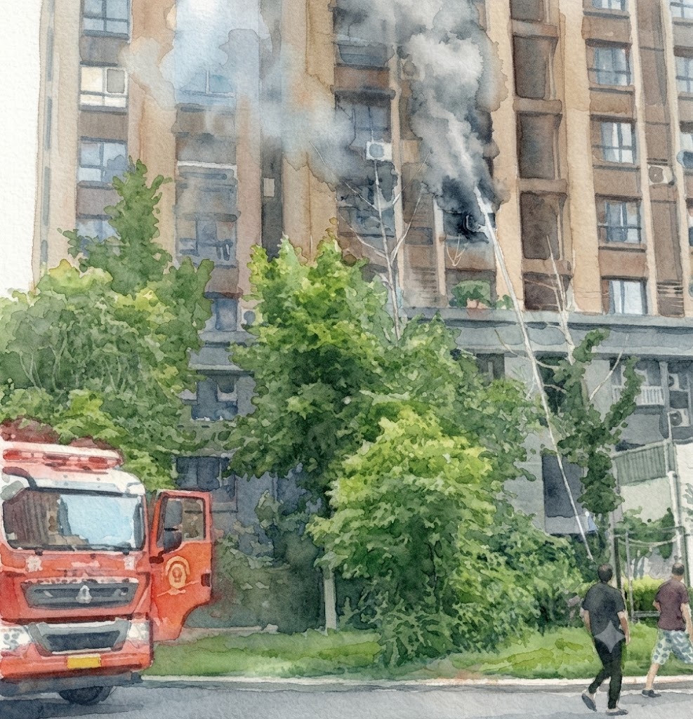Red fire truck with open door parked by a smoky apartment building, as two pedestrians walk on the sidewalk among green trees.