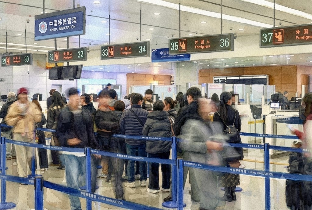 Crowd of travelers queued at a China Immigration checkpoint with signage for foreigners and counters ahead.