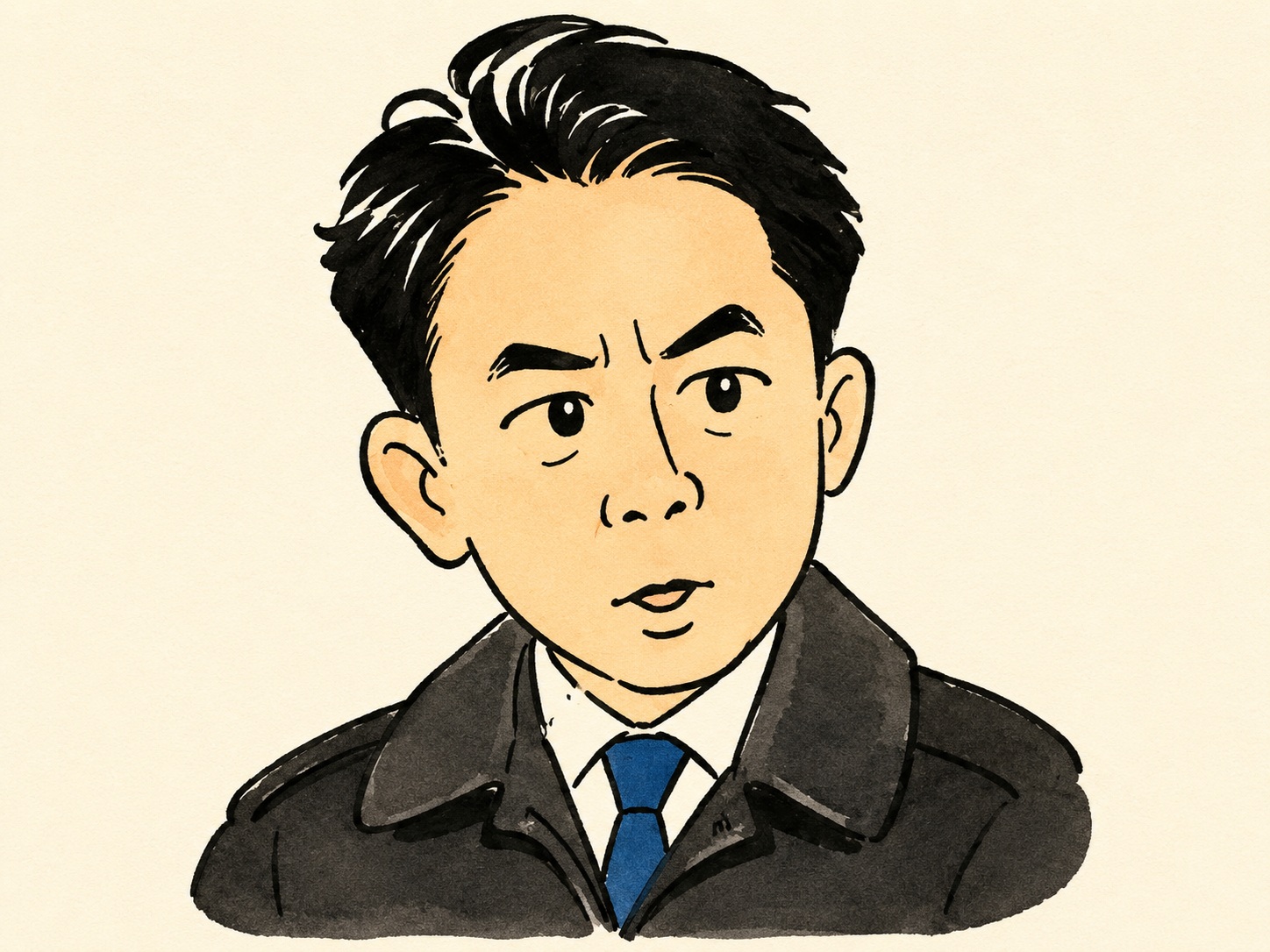 Cartoon illustration of a man in a dark coat and blue tie, looking puzzled and to the side.