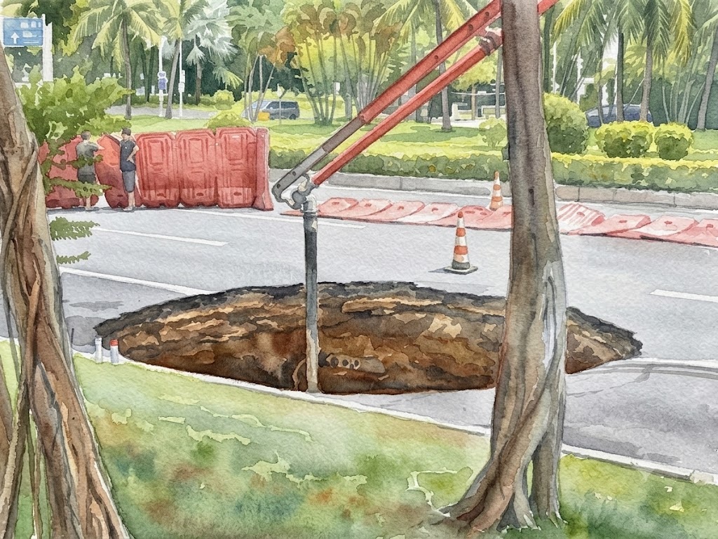 Large sinkhole in the middle of a road, bordered by orange barriers and traffic cones, with a red crane arm overhead and trees framing the scene.