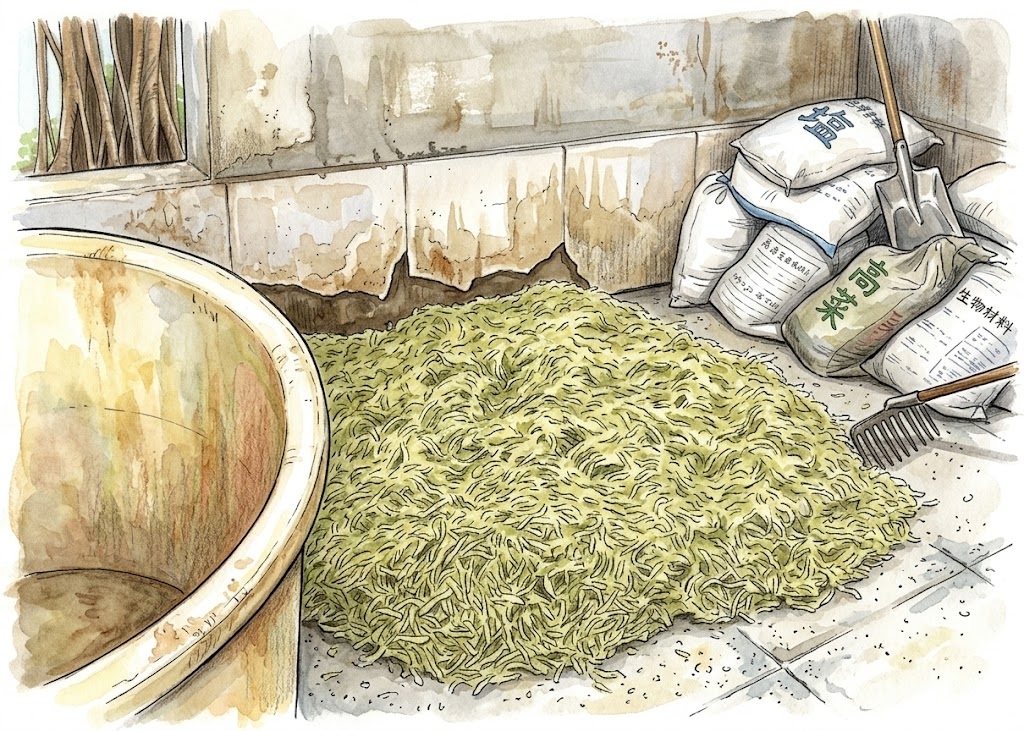 Pile of yellowish grain or larvae on the floor beside sacks and a shovel in a dusty room.