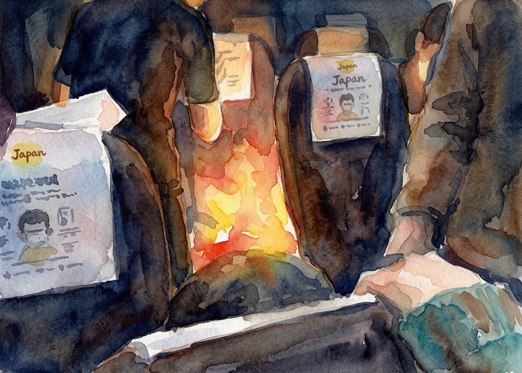 Watercolor illustration of airline passengers seated, with 'Japan' visible on seatback pockets, creating a flight cabin scene.