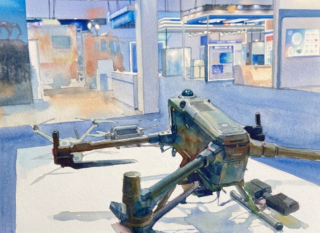 Watercolor-style illustration of a four-rotor drone on a stand in a bright showroom, with displays in the background.