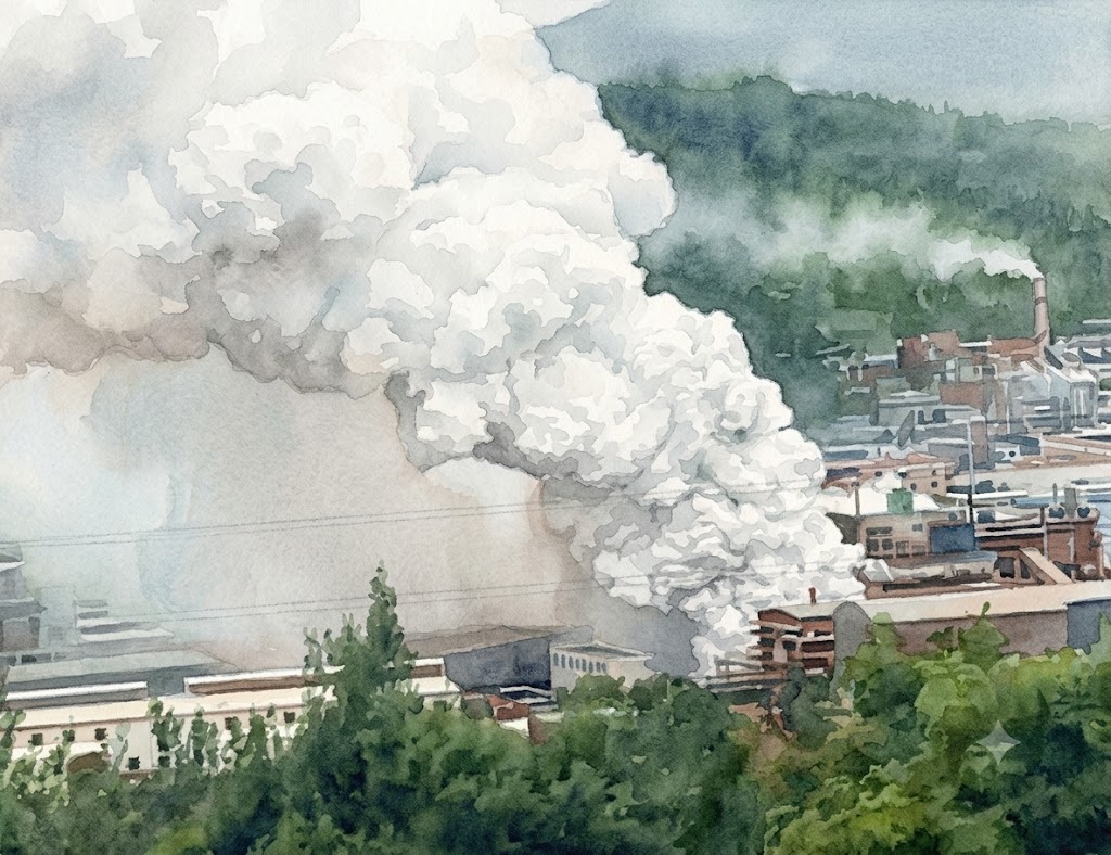 Industrial area with a large plume of white smoke rising from factories, set against green hills and trees in the foreground.