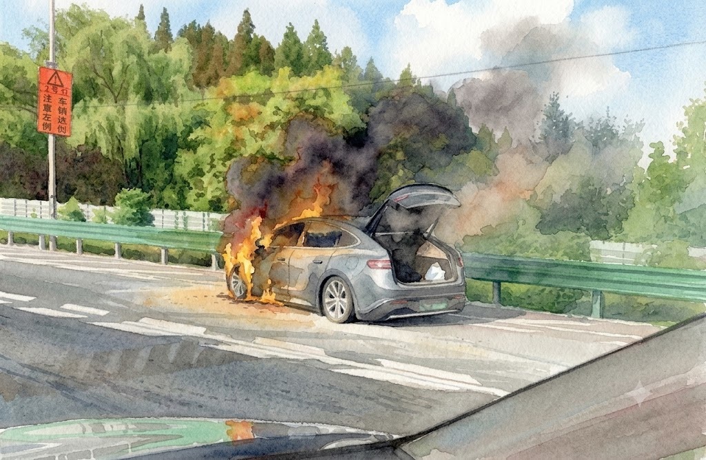 Car on a highway burning with black smoke, rear hatch open and flames engulfing the vehicle's front area on the roadside barrier nearby.