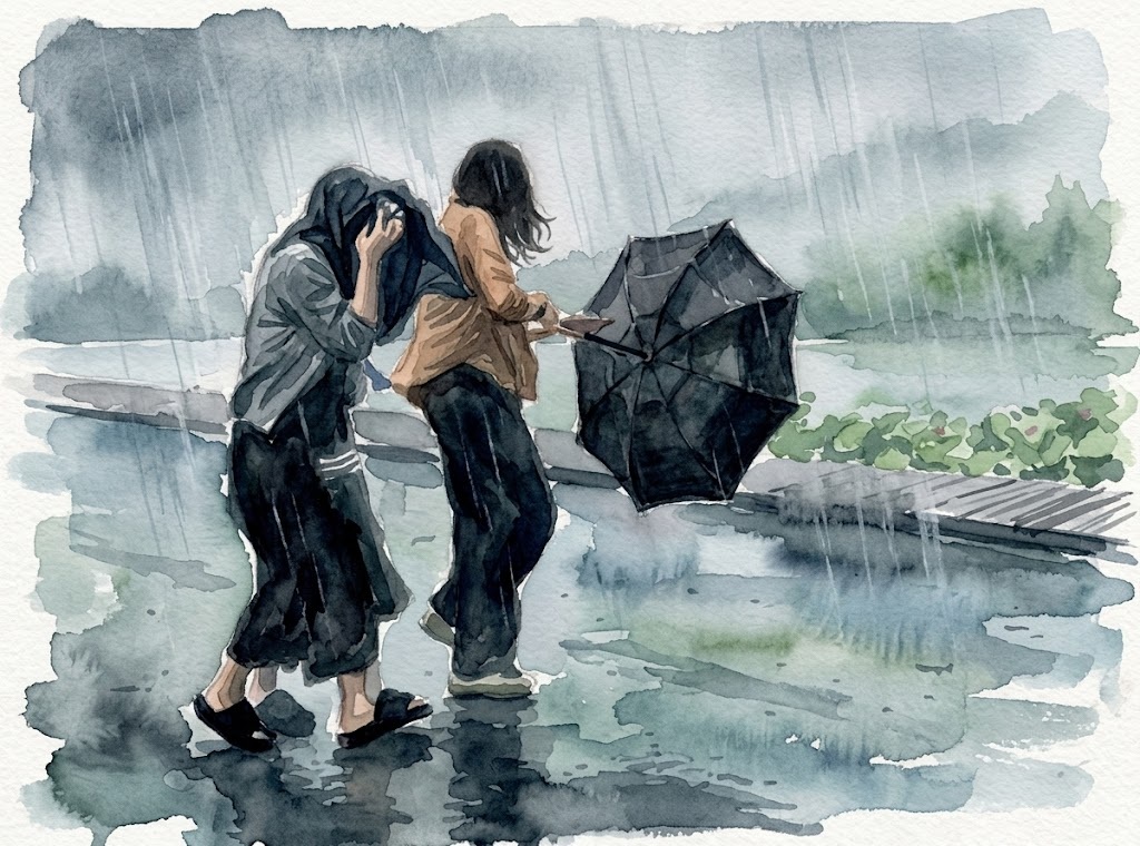 Two people walk through heavy rain, one shielding its face with a cloak-like jacket while the other holds an umbrella on a puddled street