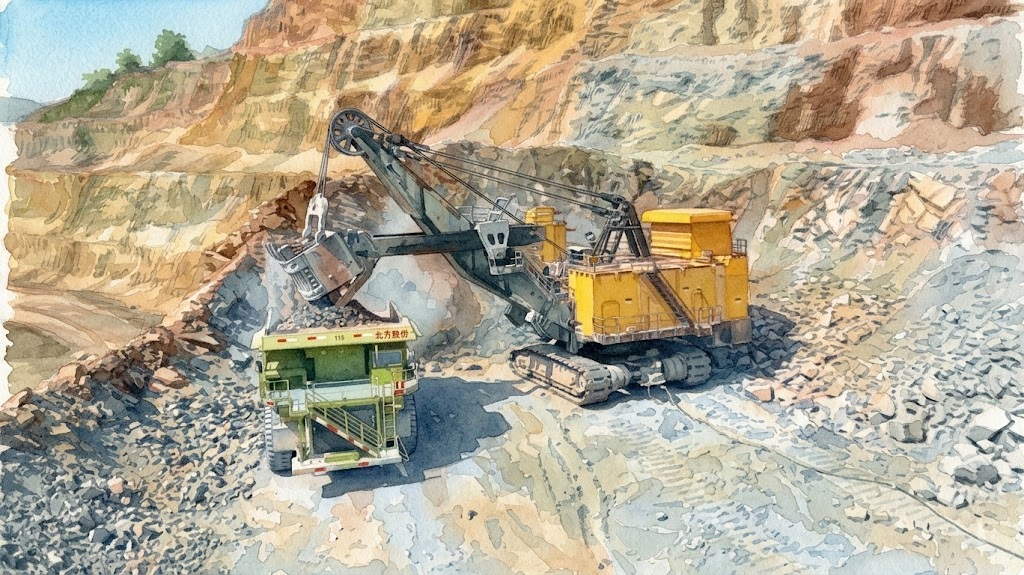 Yellow mining excavator loads rock into a green dump truck in a rocky quarry reset with piled rubble.