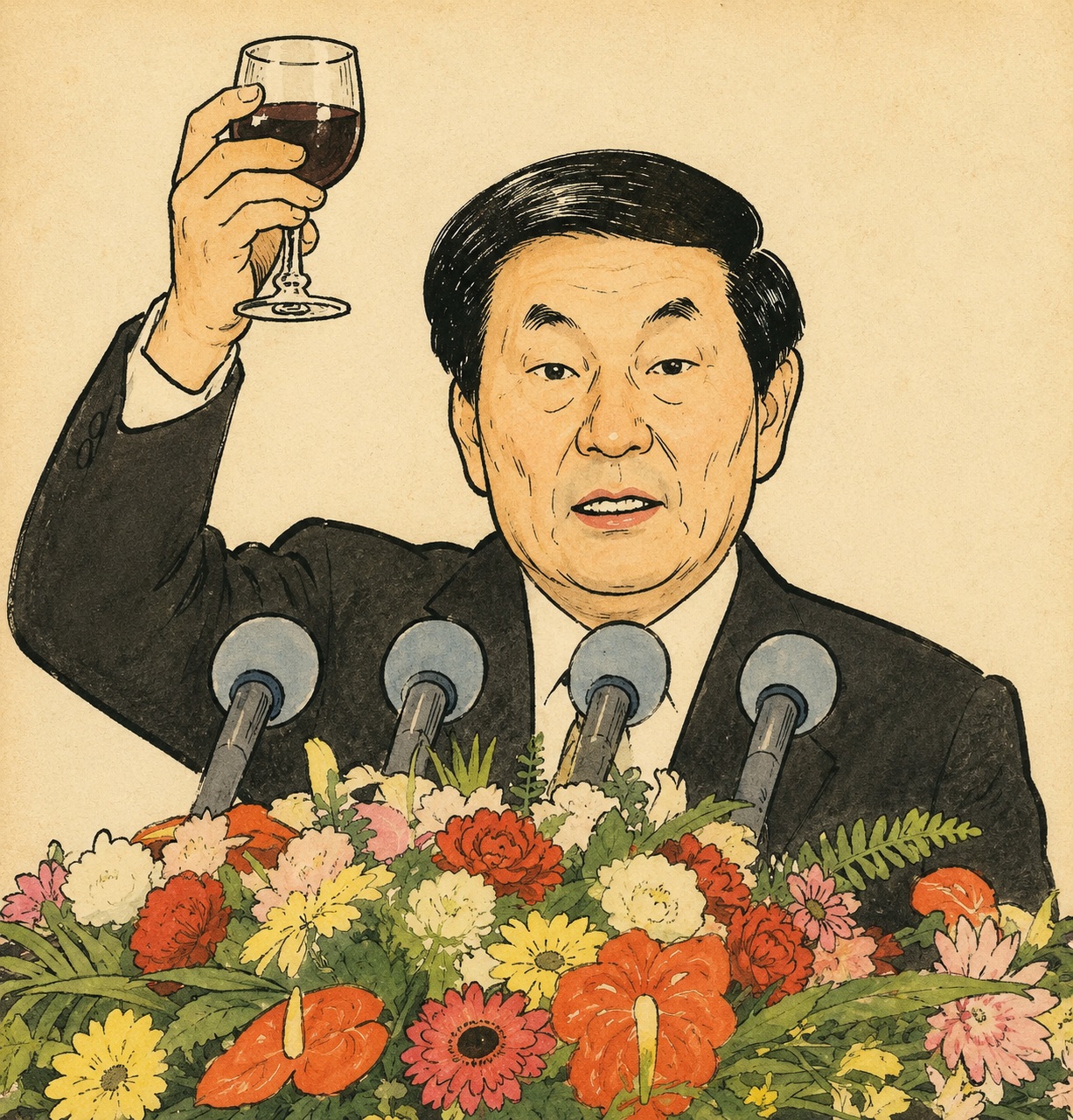 Illustration of a man in a suit toasting with a wine glass behind a floral podium with several microphones on a press dais.