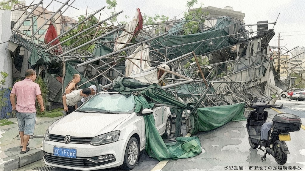 White VW sedan buried under collapsed metal scaffolding and green tarps; bystanders inspect the damage on a street.
