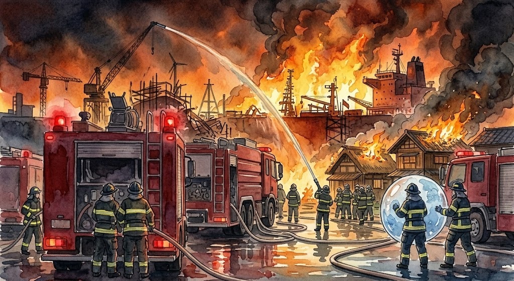 Firefighters battle a massive warehouse fire with water hoses and red fire trucks as flames and smoke rise around industrial buildings.