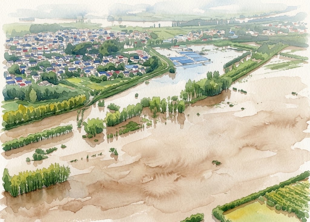 Aerial watercolor of a town beside flooded fields, with water covering farmland and green hedges along levees.