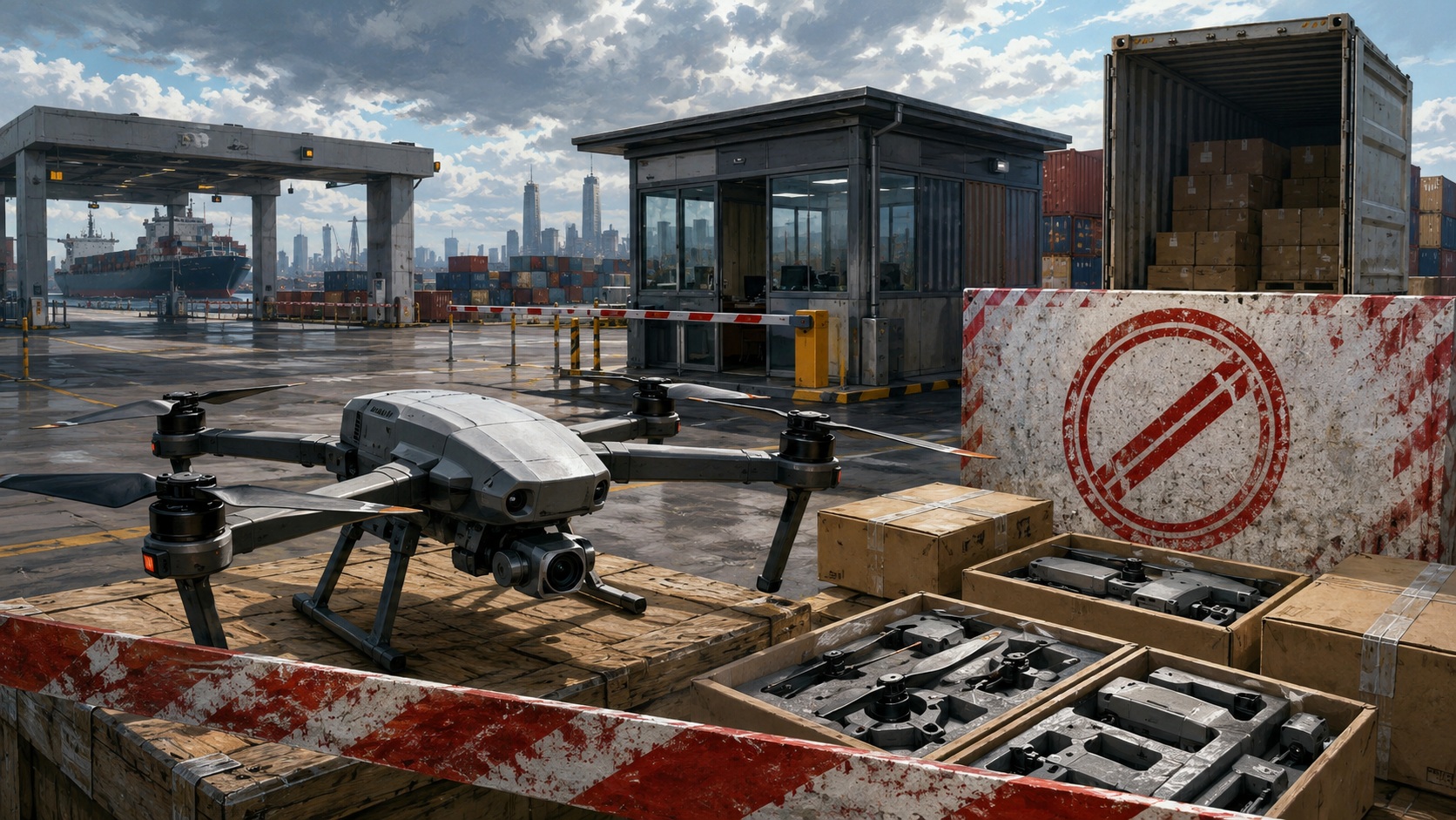 Quadcopter drone on a wooden crate at a busy port, with shipping containers and a large cargo ship in the background.